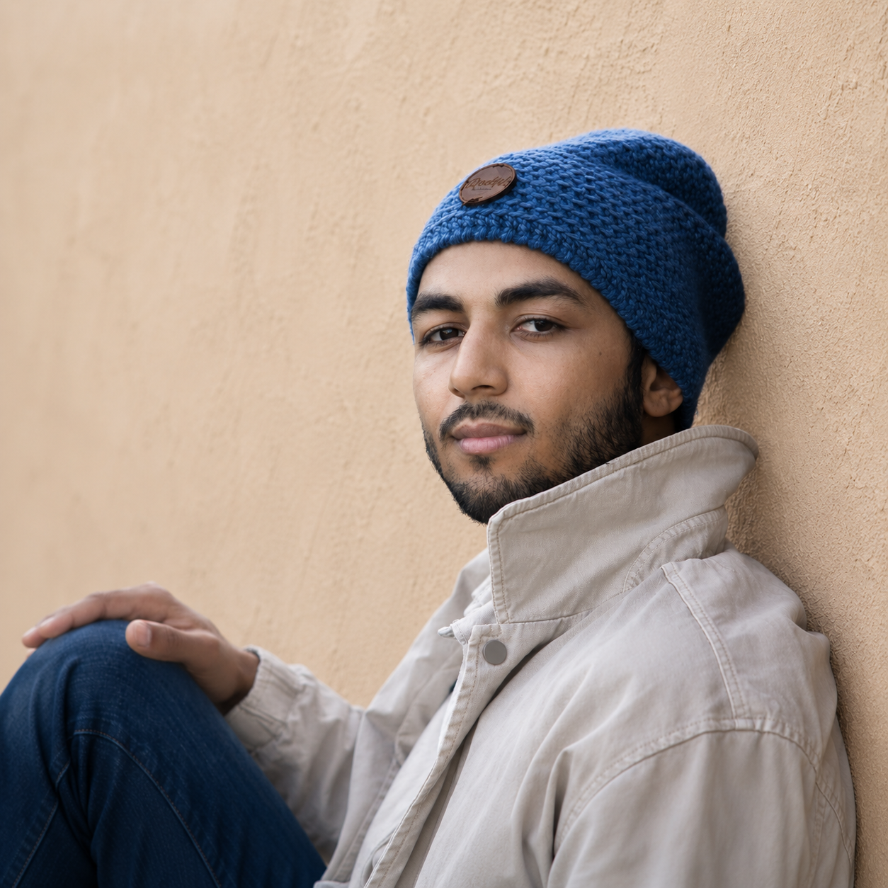 Blauwe alpaca wollen beanie