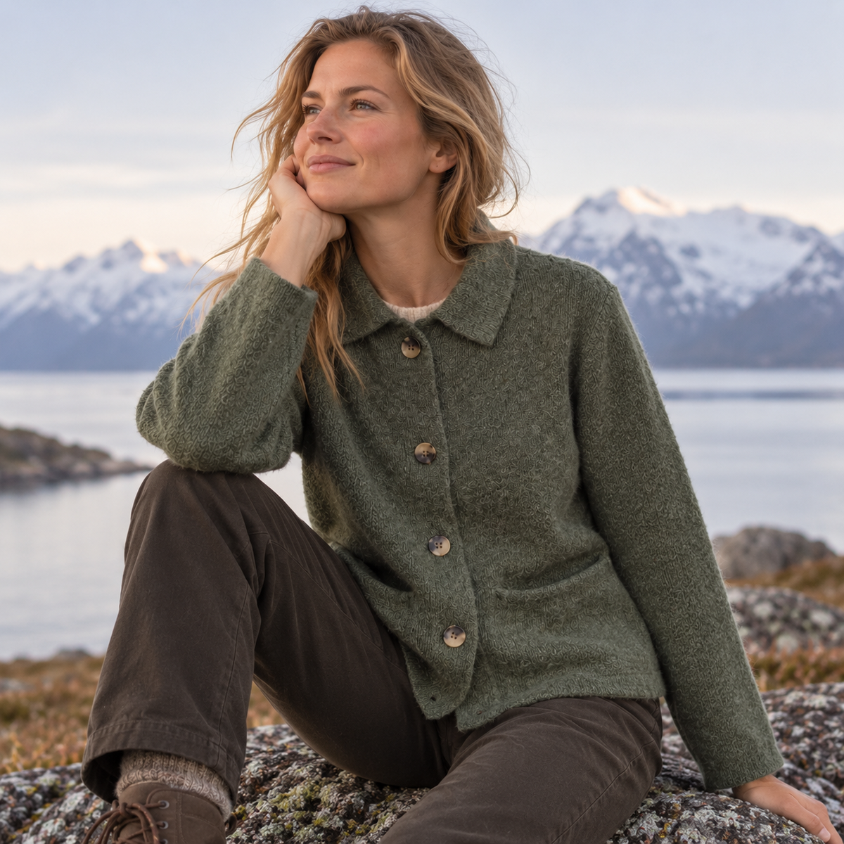 100% wollen Eribé vest uit Schotland in een natuurlijke mosgroene tint, tijdloos en veelzijdig te dragen als vest of jasje.