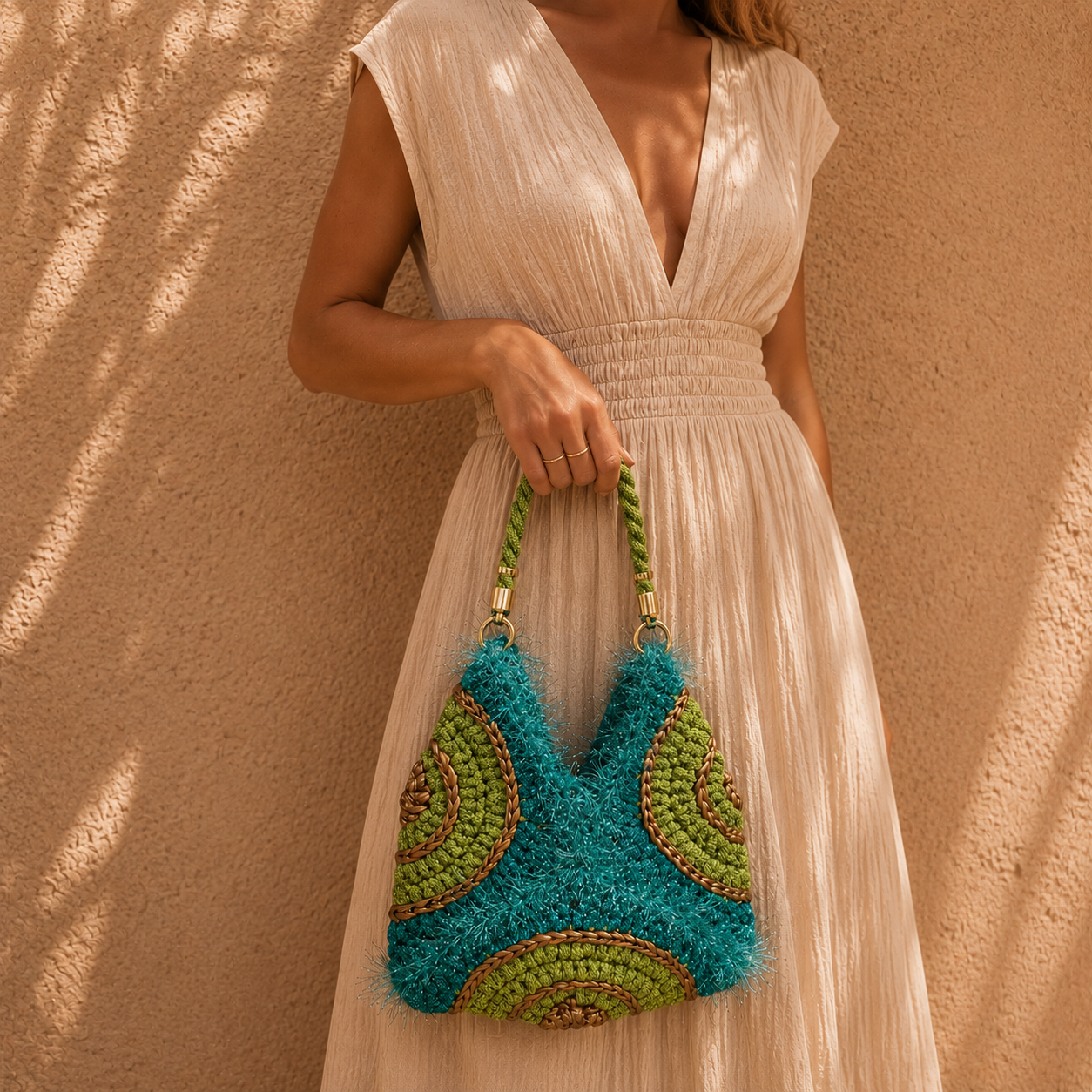 Handgemaakte  clutch tas uit de Atelier Collection van Madrista, uitgevoerd in turquoise met limegroene, zachte handgreep en goudkleurige details.