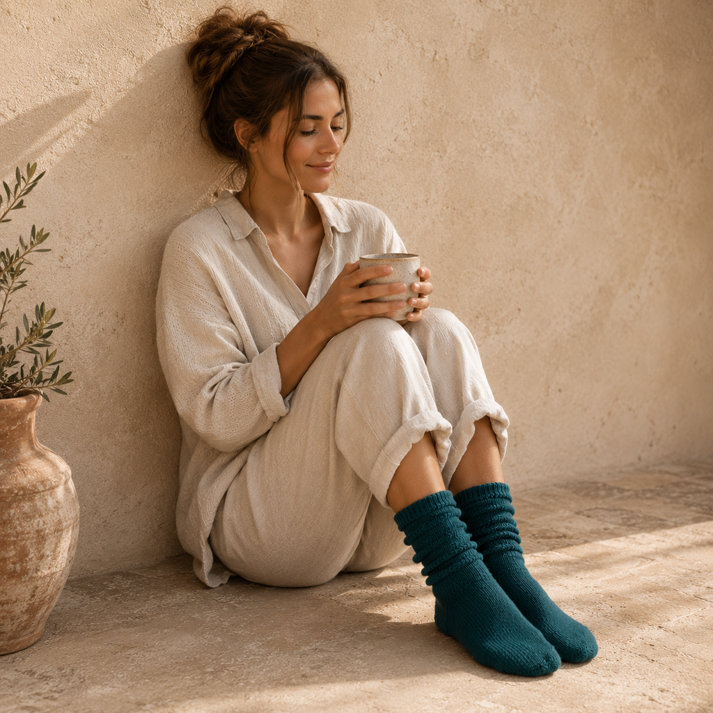 Model draagt groene recycled wollen slumbersokken van Thunders Love | Madrista