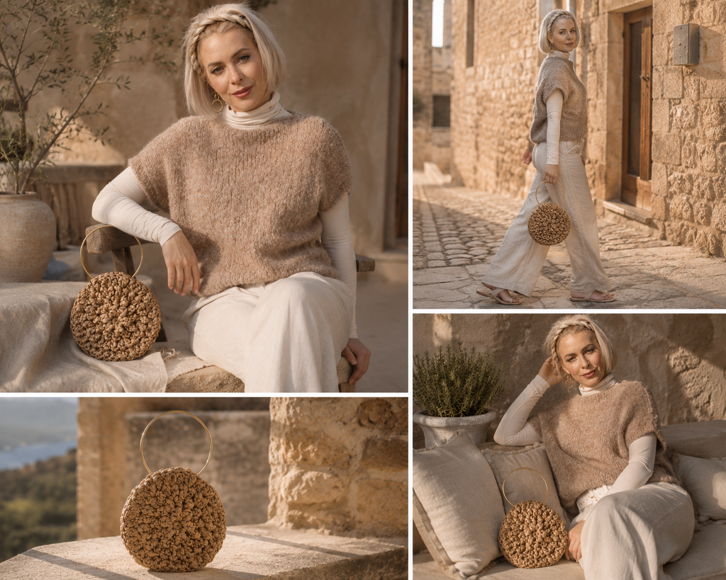 Handgemaakte satijnen clutch van Madrista met goudkleurig rond handvat uit de Atelier Collection.