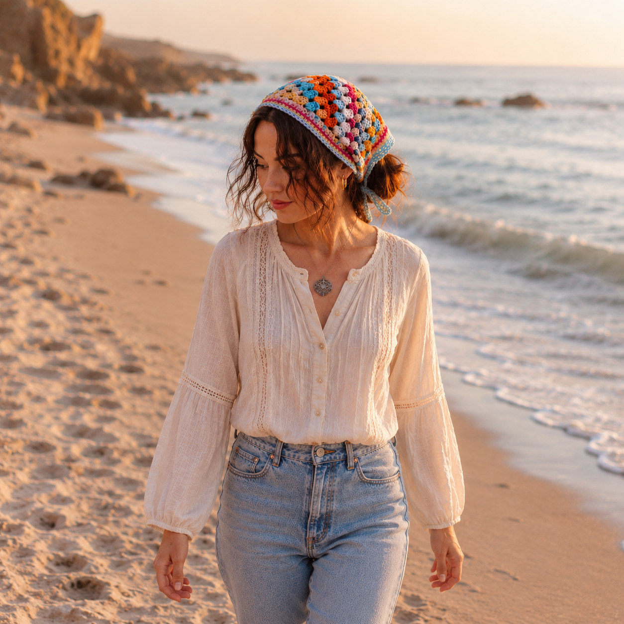 Vrouw draagt handgemaakte lichtblauwe bandana van eco katoen wandelend op het strand