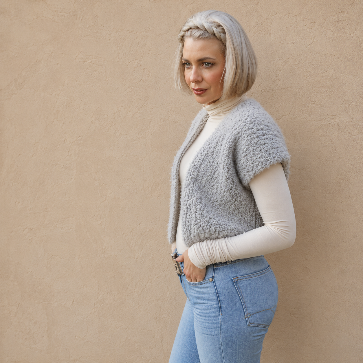 Lichtgrijs bouclé wollen vest