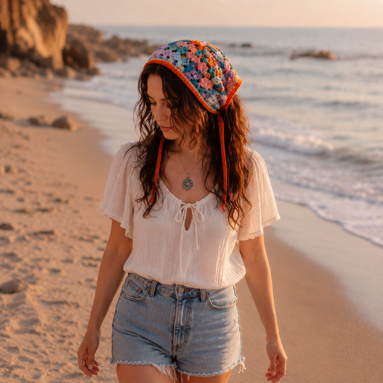 Vrouw draagt handgemaakte paarse bandana van eco katoen wandelend op het strand