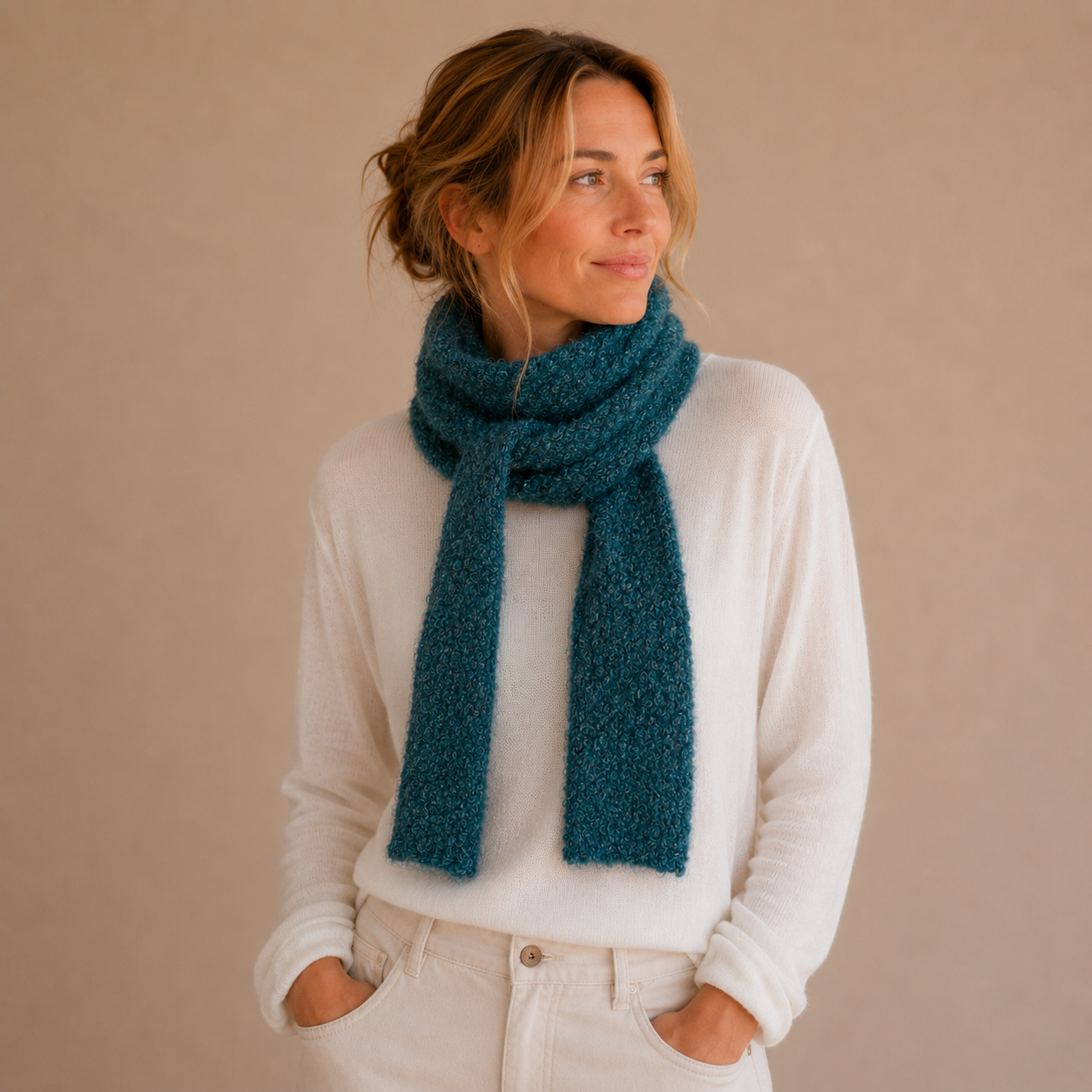 Petrol Bouclé Wollen Sjaal – Skinny Scarf