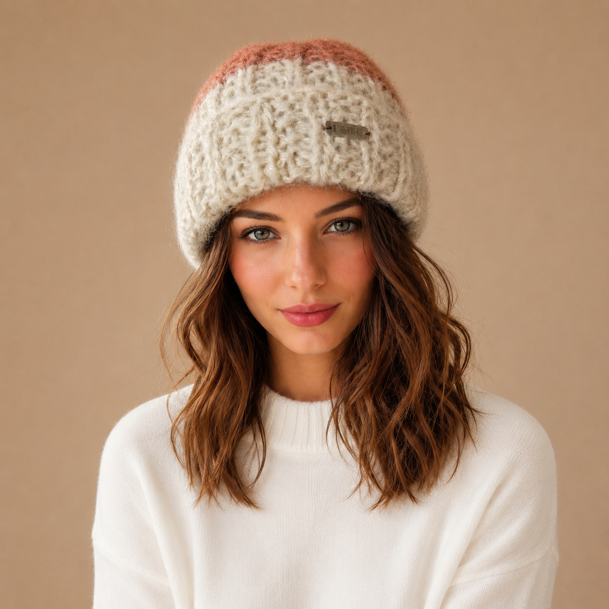 Roze - wolwitte mohair wollen muts