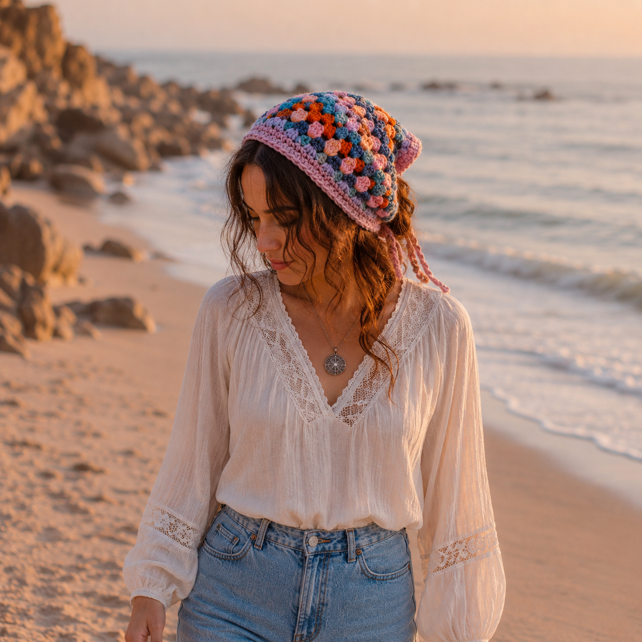 Vrouw draagt handgemaakte roze bandana van eco katoen wandelend op het strand
