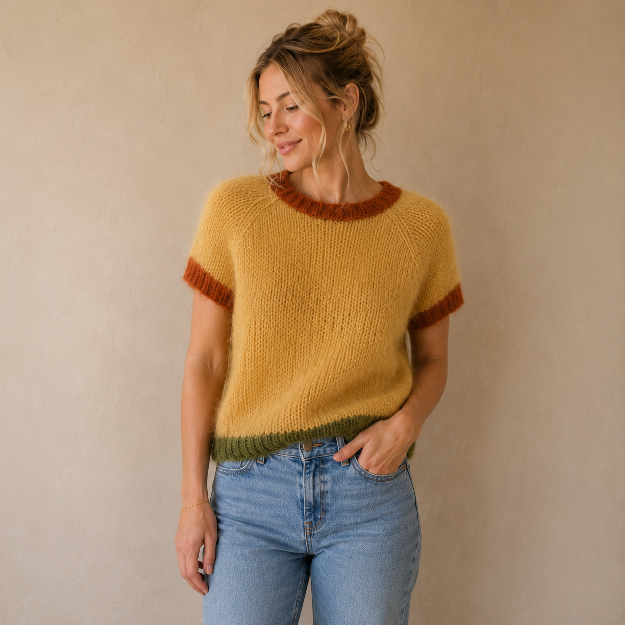 Warmgele alpaca trui met korte raglanmouw